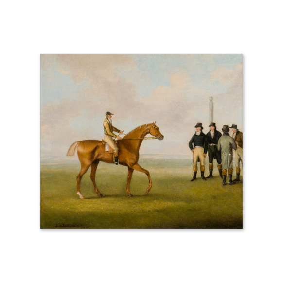 Racing Scene – A Racehorse with Jockey up approaching a group of gentlemen Image 2