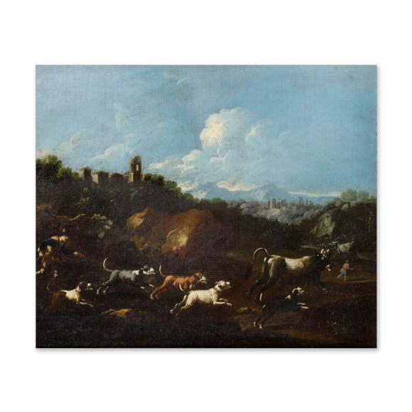 Landscape with a Stag Hunt & Landscape with Wild Bulls - a pair Image 1