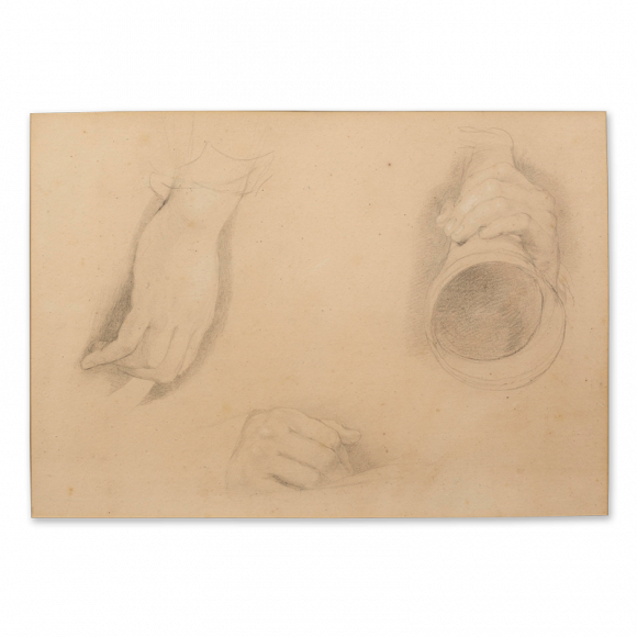 Recto: Three Studies of Hands, One holding an Ear Trumpet, Study for The Cotter’s Saturday Night (1837) / Inscribed verso: “Bought at the Sale of Sir David Wilkie’s Works at Christie’s Rooms April 26th, 1842” 2 Image 1